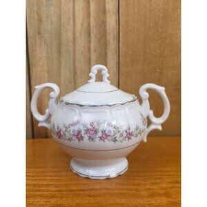 Vintage Porcelain Sugar Bowl With Lid & Floral Pink Rose Design